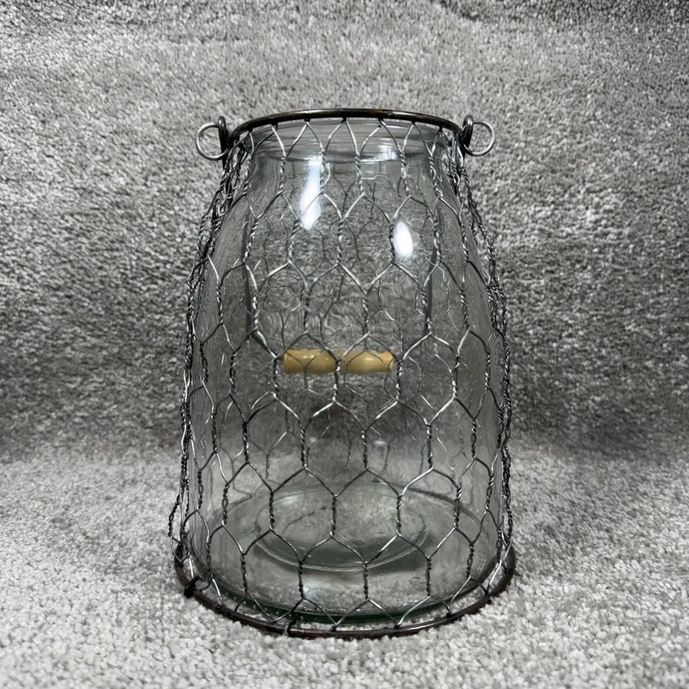 Lantern Cloche Clear Glass Chicken Wire Wood Handle Farmhouse Decor